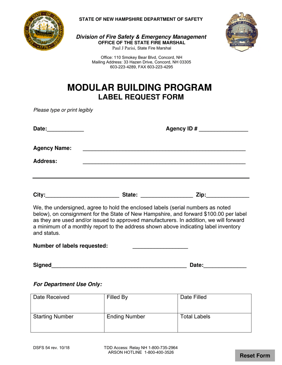 Form DSFS54 Modular Building Program Label Request Form - New Hampshire, Page 1