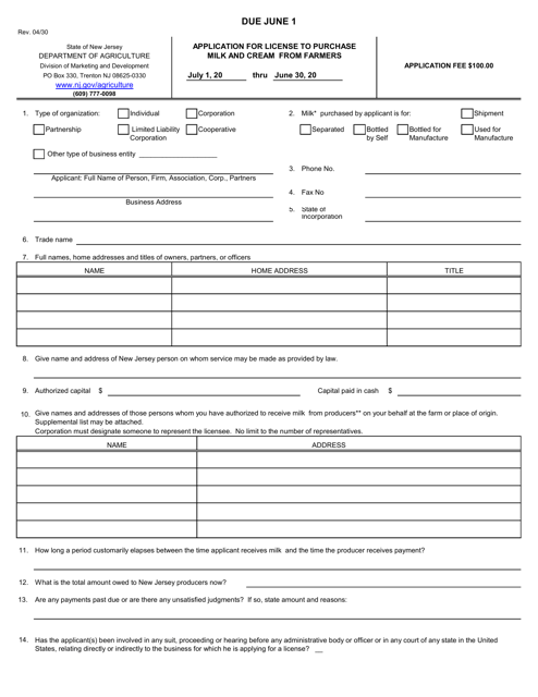 Application for License to Purchase Milk and Cream From Farmers - New Jersey Download Pdf