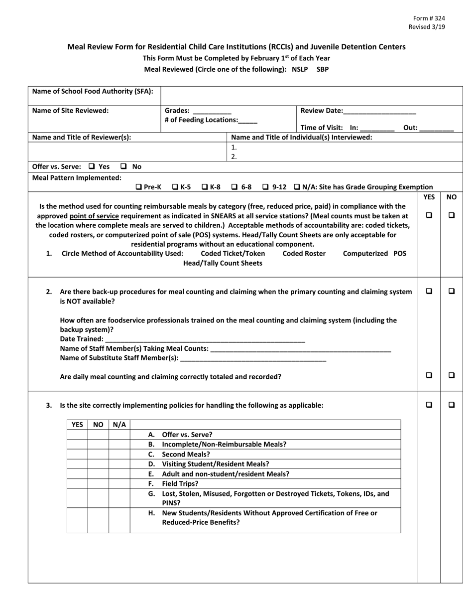 Form 324 Download Printable PDF or Fill Online Meal Review Form for ...