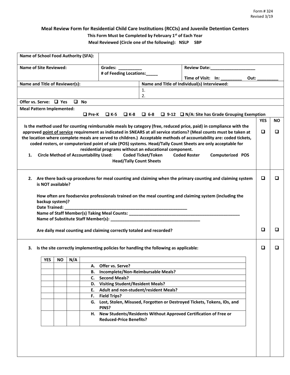 Form 324 Meal Review Form for Residential Child Care Institutions (Rccis) and Juvenile Detention Centers - New Jersey, Page 1