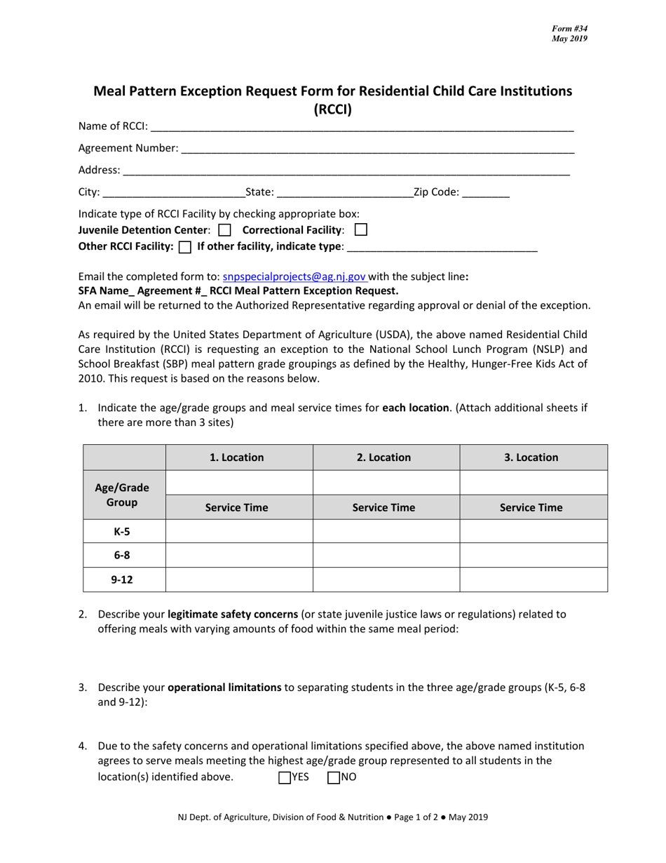 Form 34 Meal Pattern Exception Request Form for Residential Child Care Institutions (Rcci) - New Jersey, Page 1