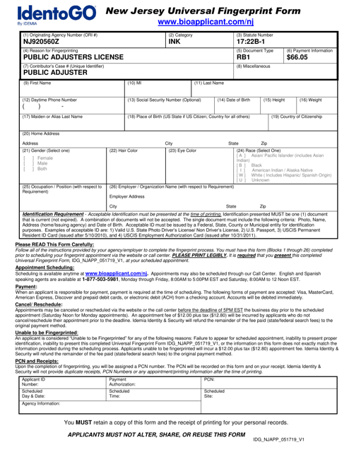 New Jersey Universal Fingerprint Form - Public Adjusters License - New Jersey