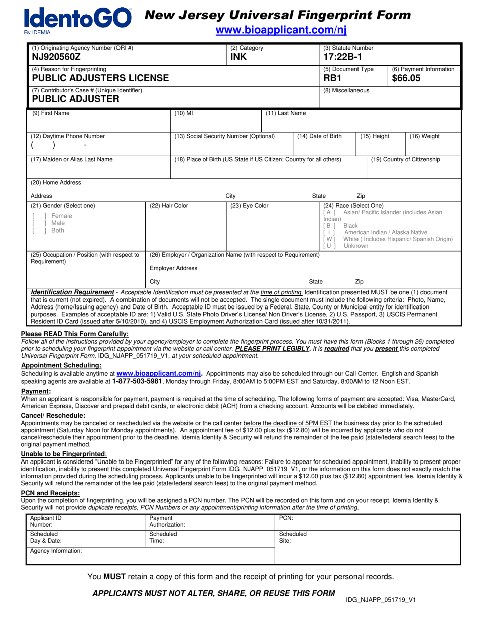 New Jersey Universal Fingerprint Form - Public Adjusters License - New Jersey, Page 1