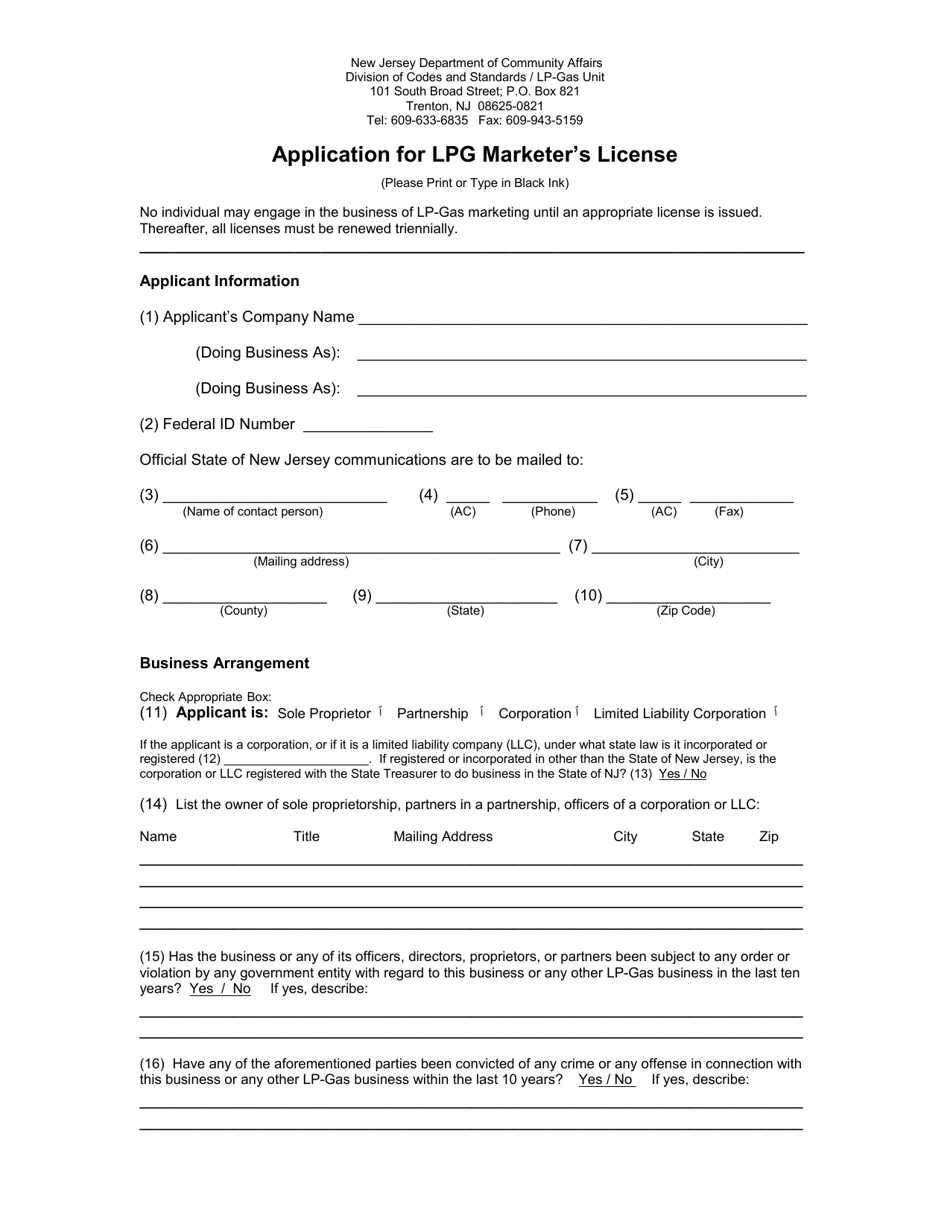 Form L1 Application for Lpg Marketer's License - New Jersey, Page 1
