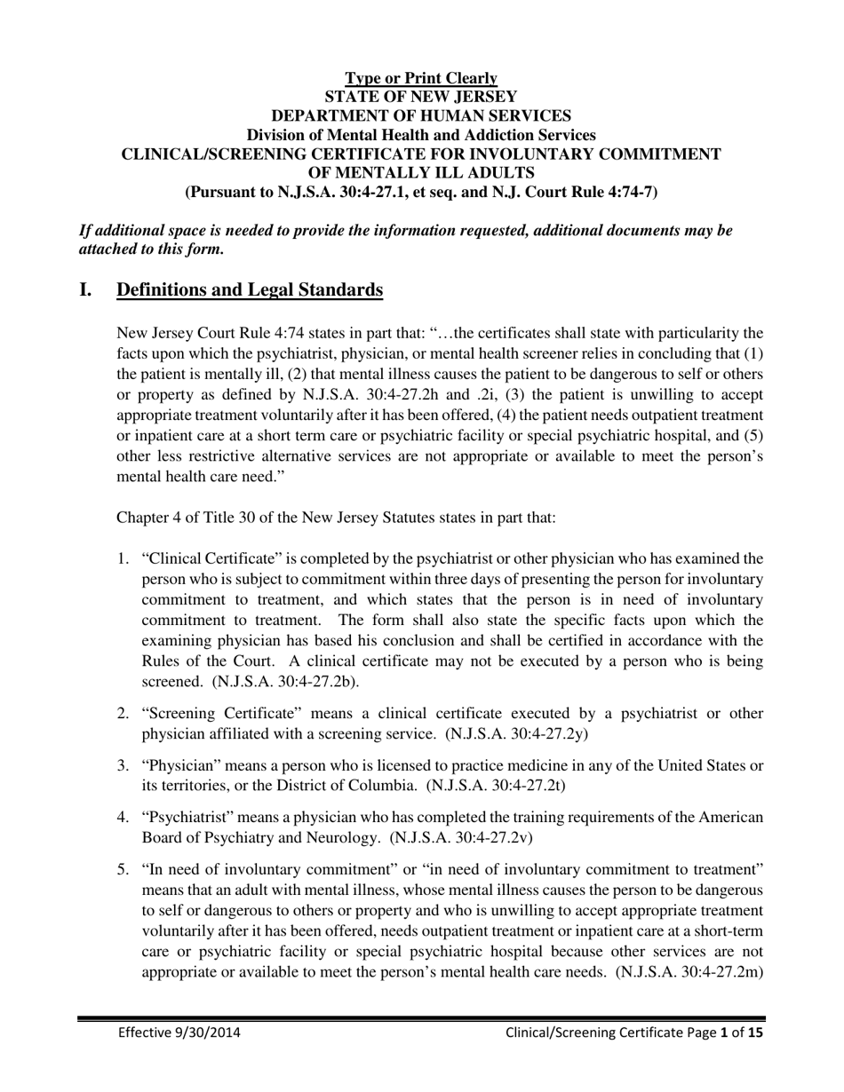 Clinical / Screening Certificate for Involuntary Commitment of Mentally Ill Adults - New Jersey, Page 1