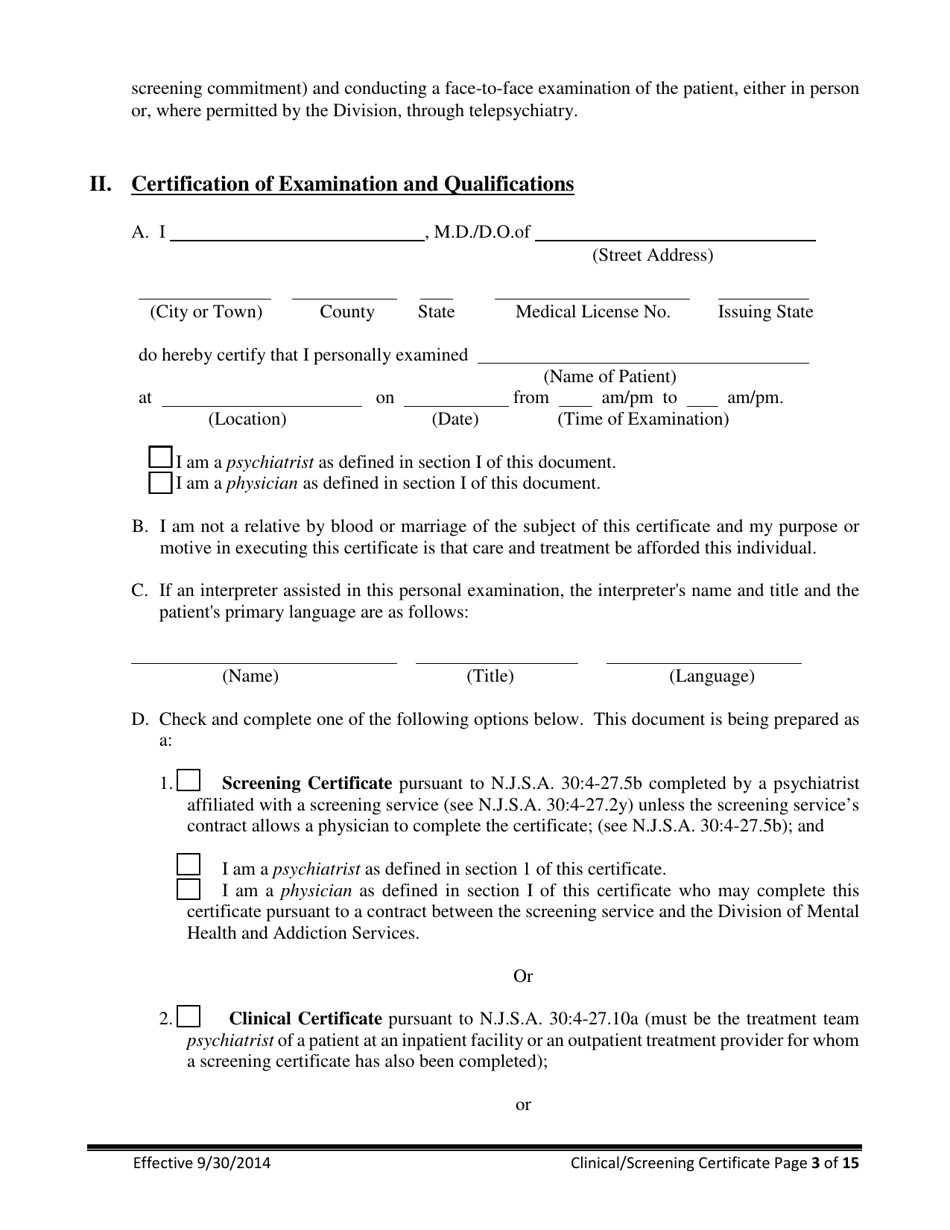 Clinical / Screening Certificate for Involuntary Commitment of Mentally Ill Adults - New Jersey, Page 3