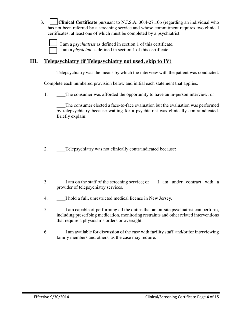 Clinical / Screening Certificate for Involuntary Commitment of Mentally Ill Adults - New Jersey, Page 4