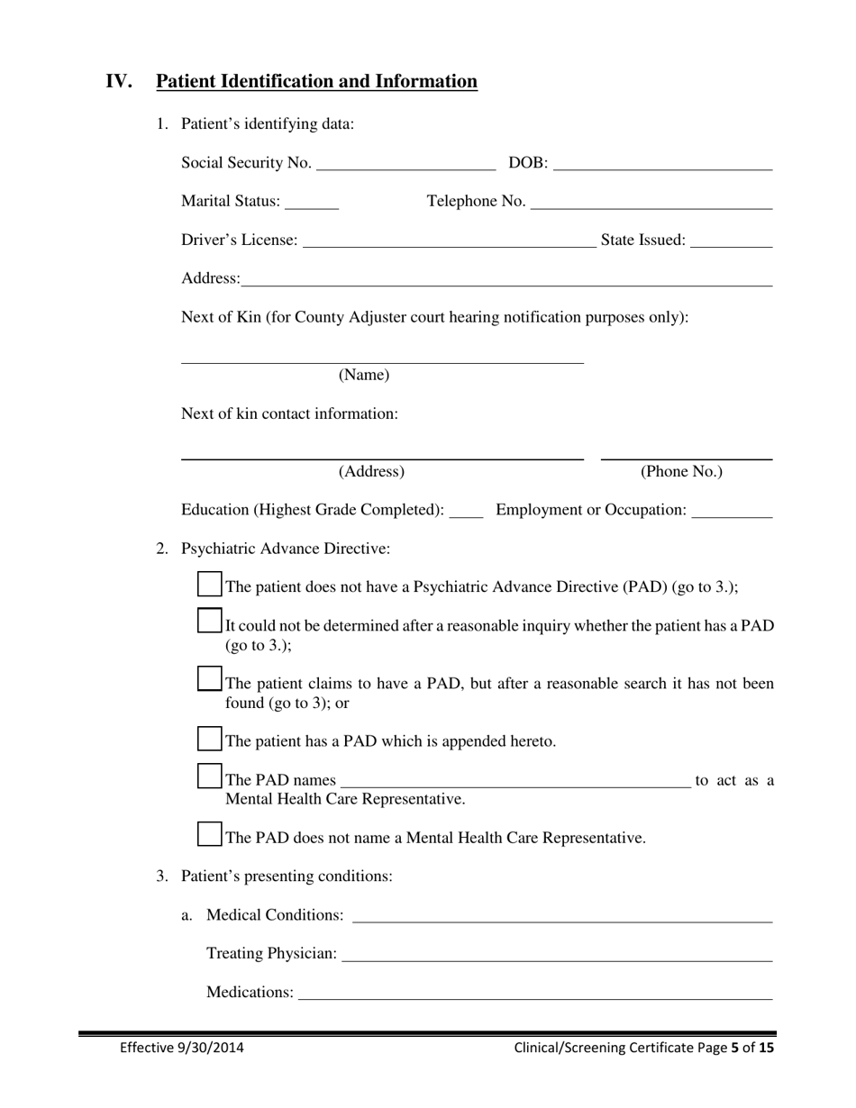 Clinical / Screening Certificate for Involuntary Commitment of Mentally Ill Adults - New Jersey, Page 5