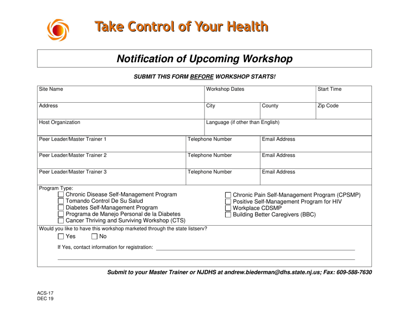 Form ACS-17 Notification of Upcoming Workshop - New Jersey
