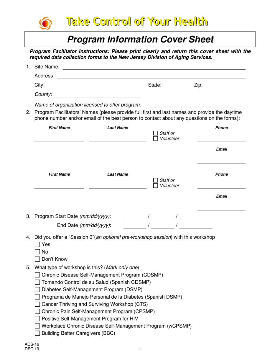 Form ACS-16 Program Information Cover Sheet - New Jersey, Page 1