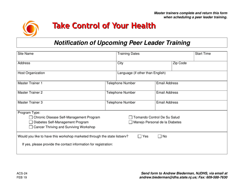 Form ACS-24 Notification of Upcoming Peer Leader Training - New Jersey