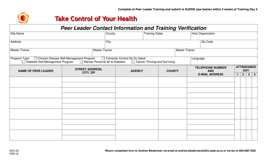 Form ACS-23 Peer Leader Contact Information and Training Verification - New Jersey