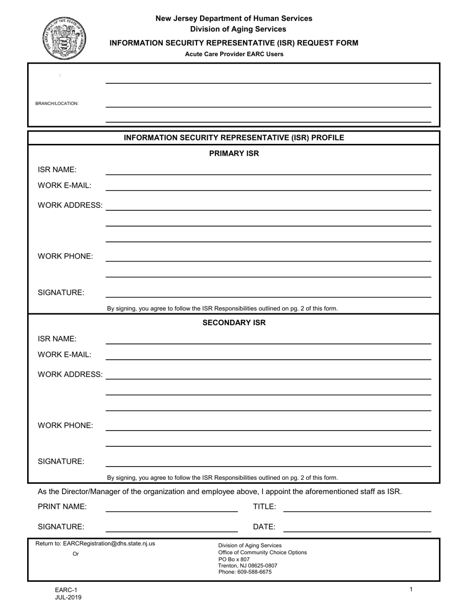 Form EARC-1 Information Security Representative (Isr) Request Form - New Jersey, Page 1