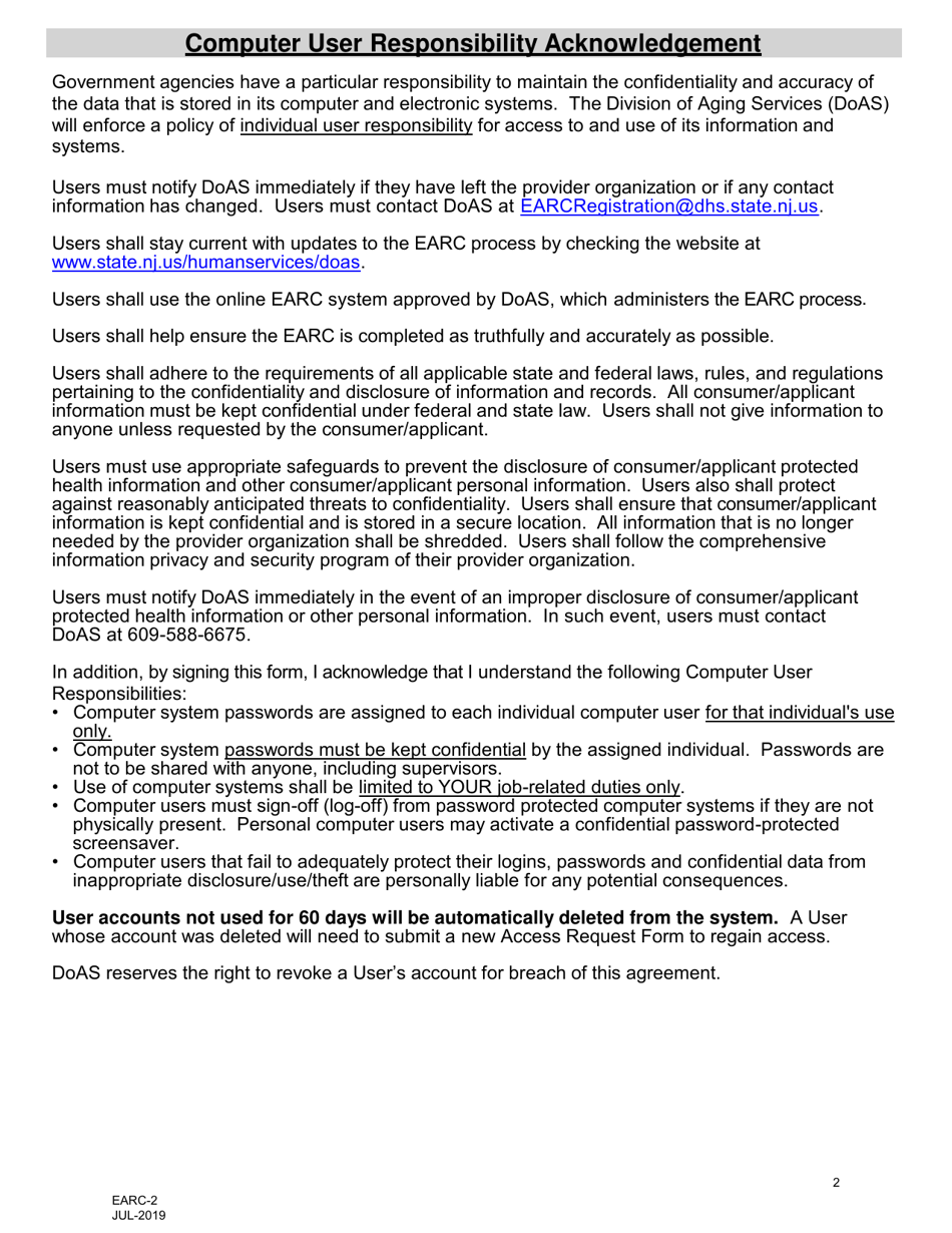 Form EARC-2 Access Request Form for Salesforce Government Cloud - New Jersey, Page 2