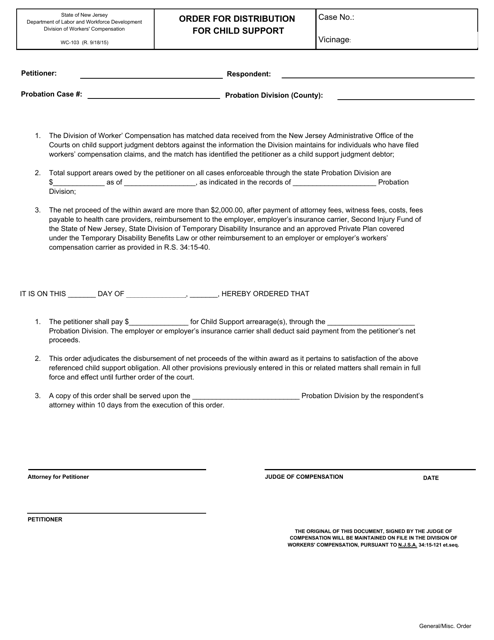 Form WC-103 Order for Distribution for Child Support - New Jersey