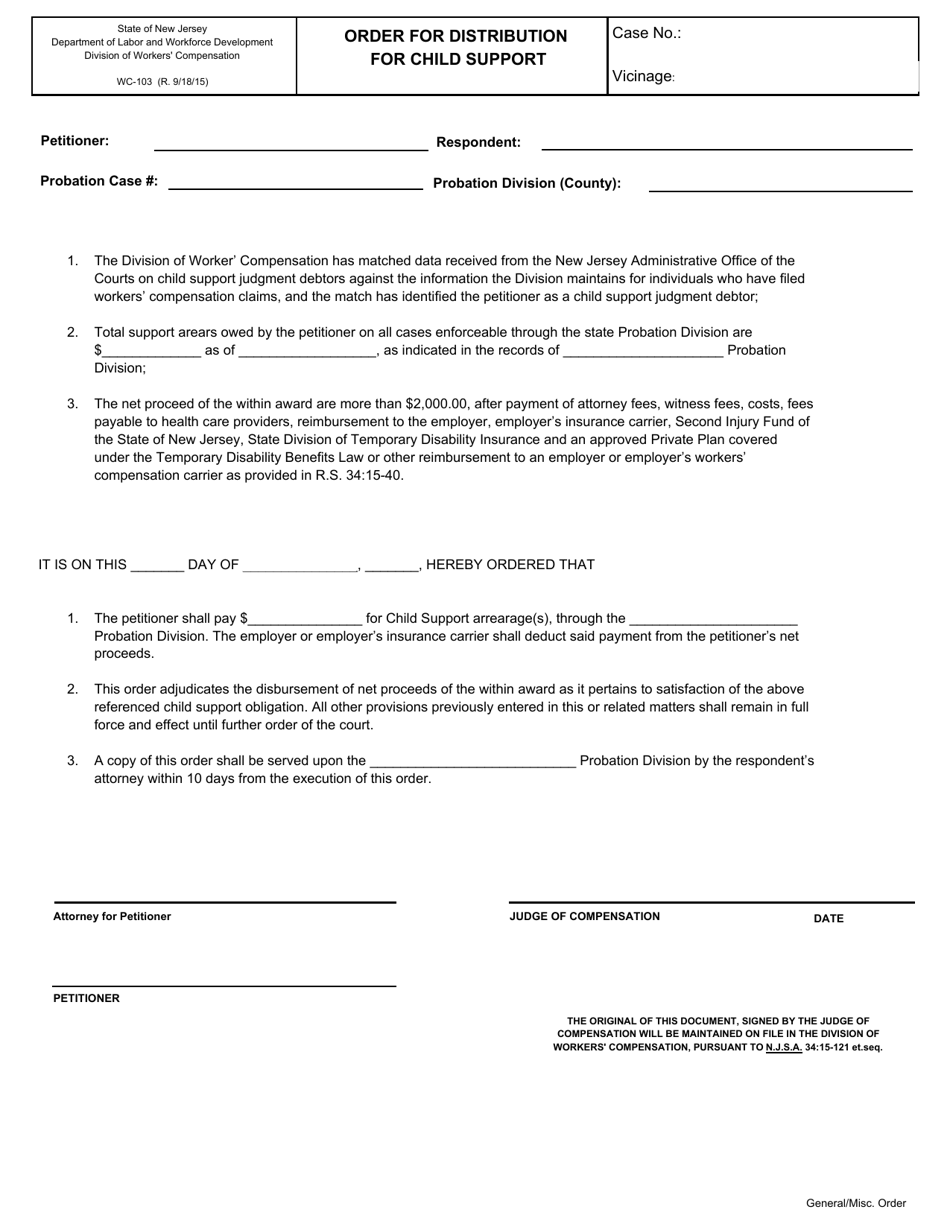 Form WC-103 Order for Distribution for Child Support - New Jersey, Page 1