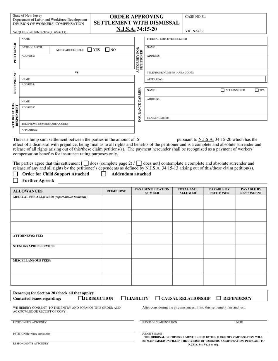 Form WC(DO)-370 Order Approving Settlement With Dismissal - New Jersey, Page 1