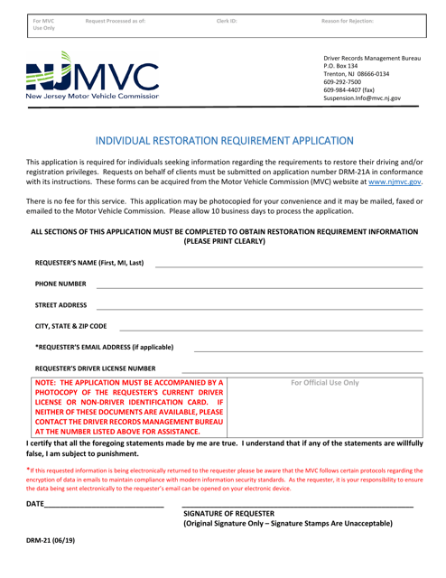 Form DRM-21 Individual Restoration Requirement Application - New Jersey