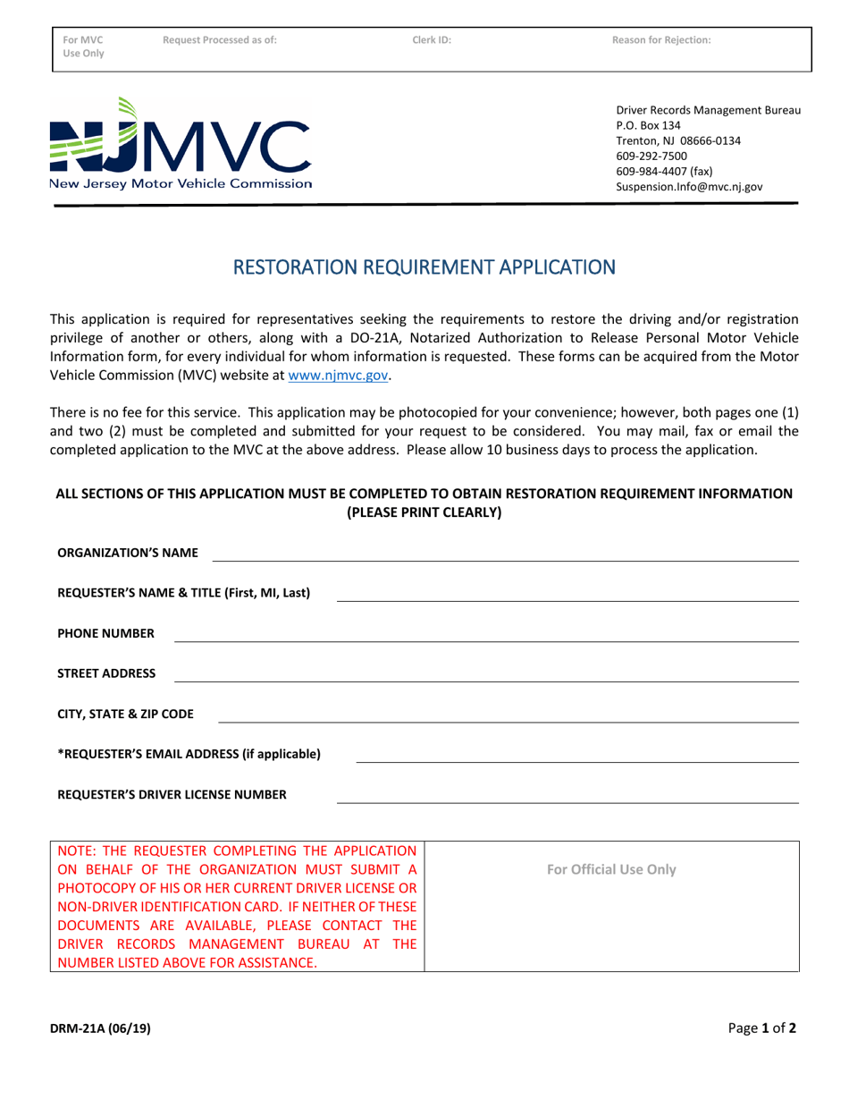 Form Drm 21a Download Fillable Pdf Or Fill Online Restoration Requirement Application New Jersey Templateroller