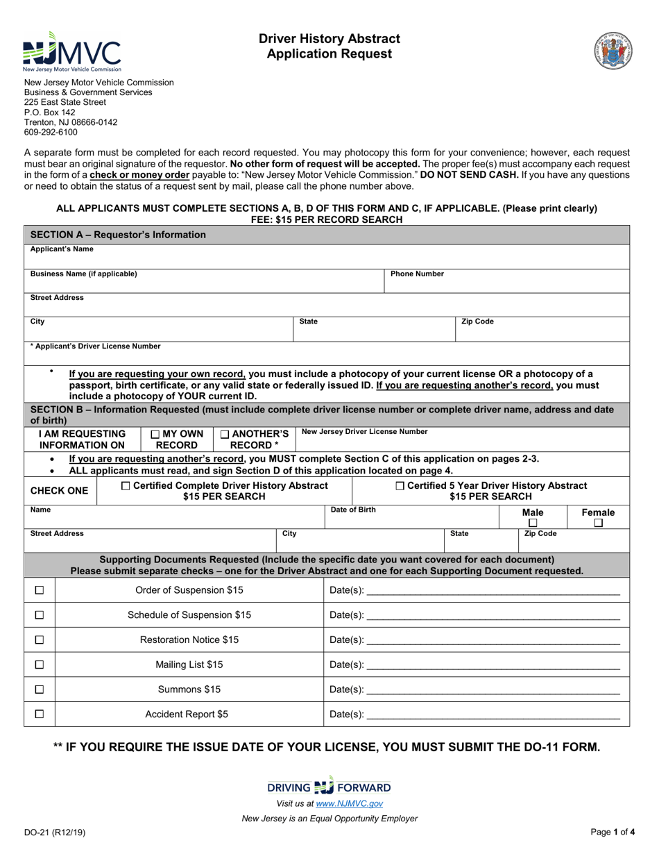 Form DO-21 Driver History Abstract Application Request - New Jersey, Page 1