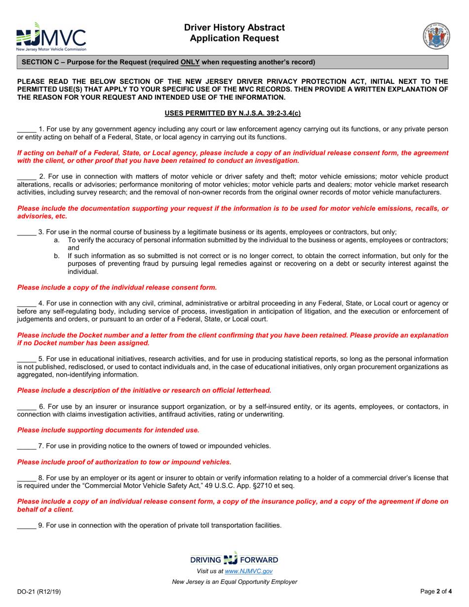 Form DO-21 Driver History Abstract Application Request - New Jersey, Page 2