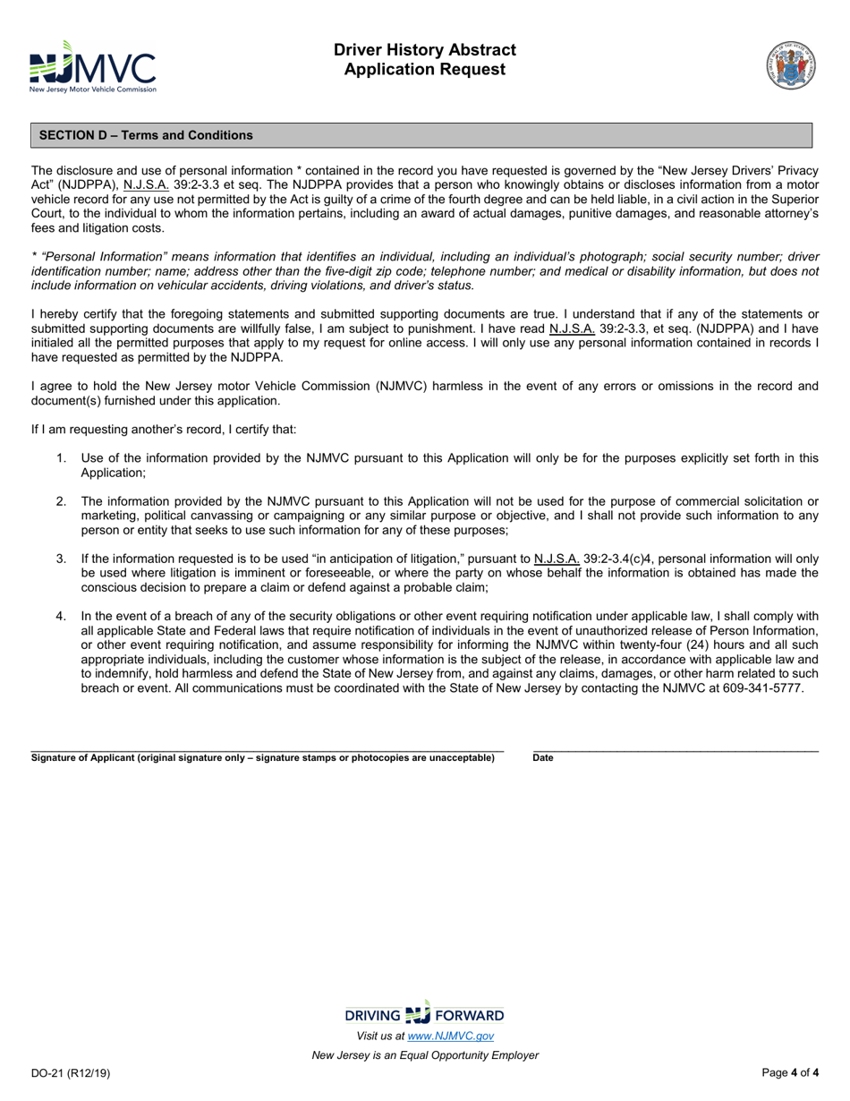 Form DO-21 Driver History Abstract Application Request - New Jersey, Page 4