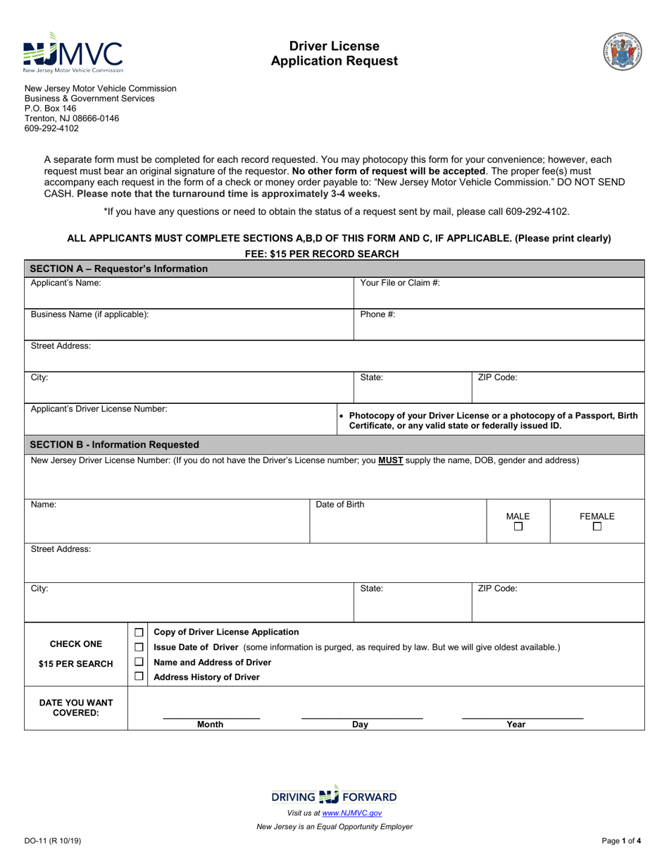 Form DO-11 Driver License Application Request - New Jersey, Page 1