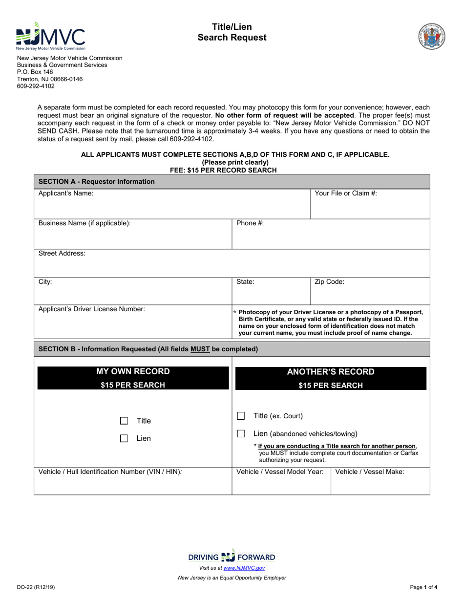 Form DO-22 Title / Lien Search Request - New Jersey, Page 1