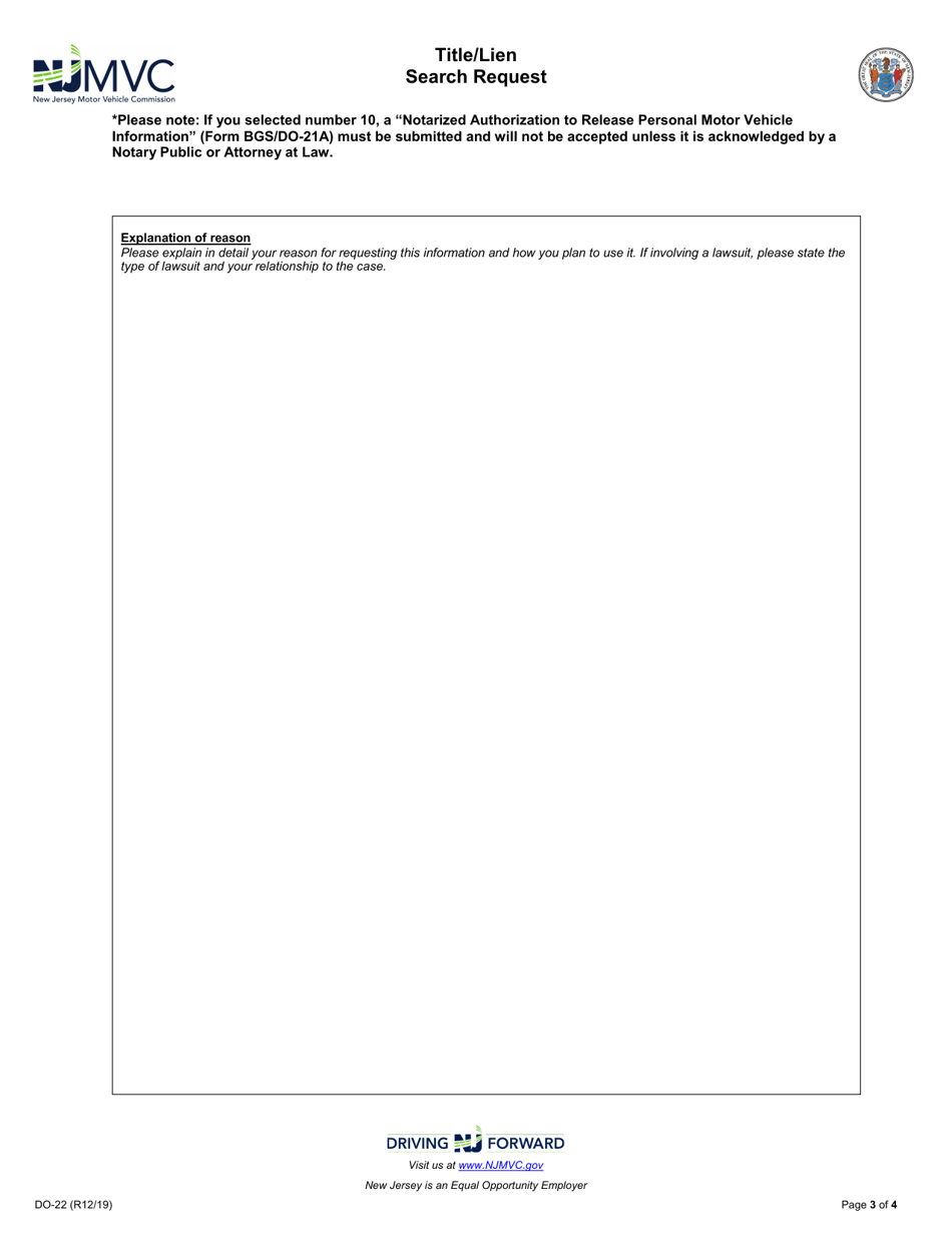 Form DO-22 Title / Lien Search Request - New Jersey, Page 3