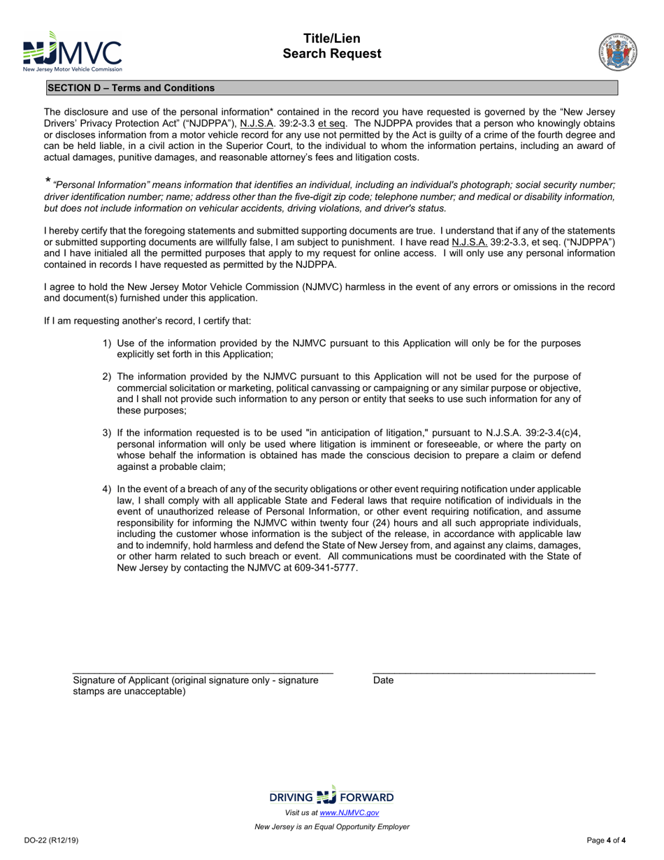Form DO-22 Title / Lien Search Request - New Jersey, Page 4
