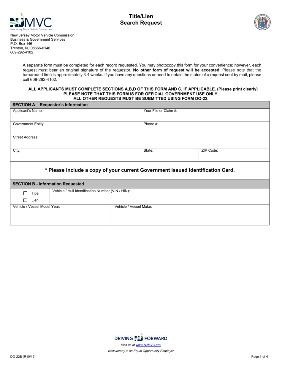 Form DO-22B Title/Lien Search Request - New Jersey, Page 1
