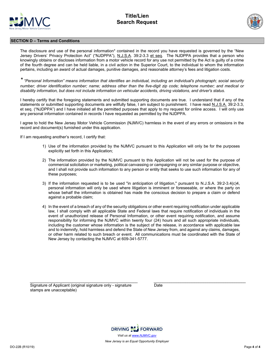 Form DO-22B Title / Lien Search Request - New Jersey, Page 4