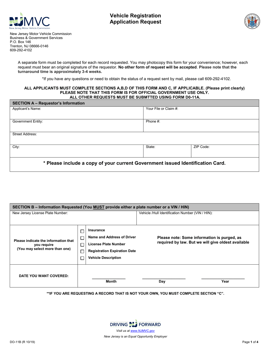 Form DO-11B Vehicle Registration Application Request - New Jersey, Page 1