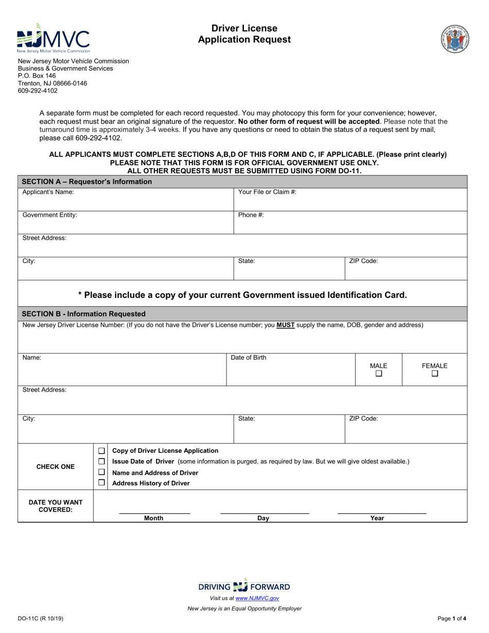 Form DO-11C Driver License Application Request - New Jersey, Page 1