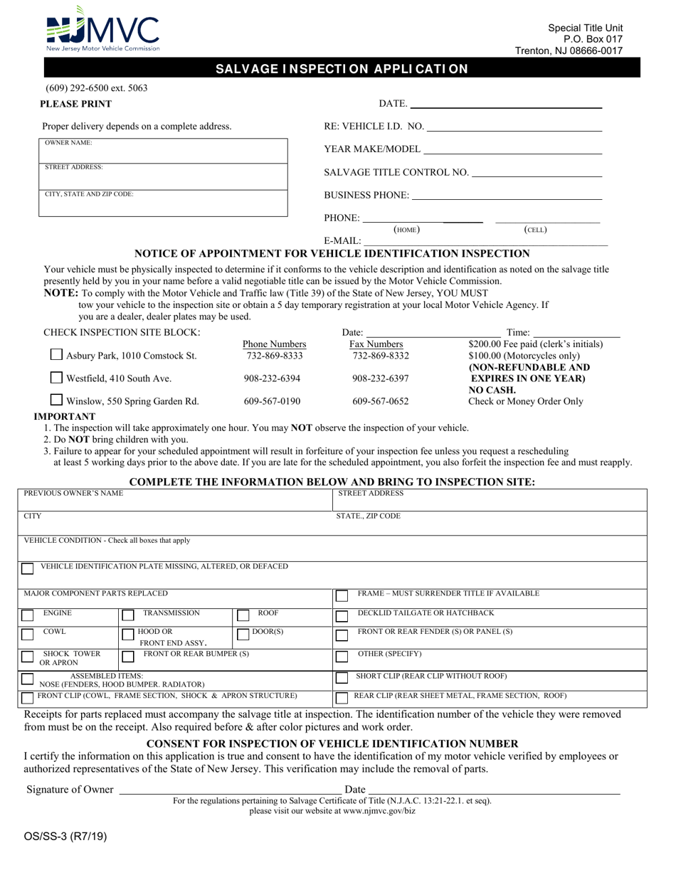 Form OS / SS-3 Salvage Inspection Application - New Jersey, Page 1