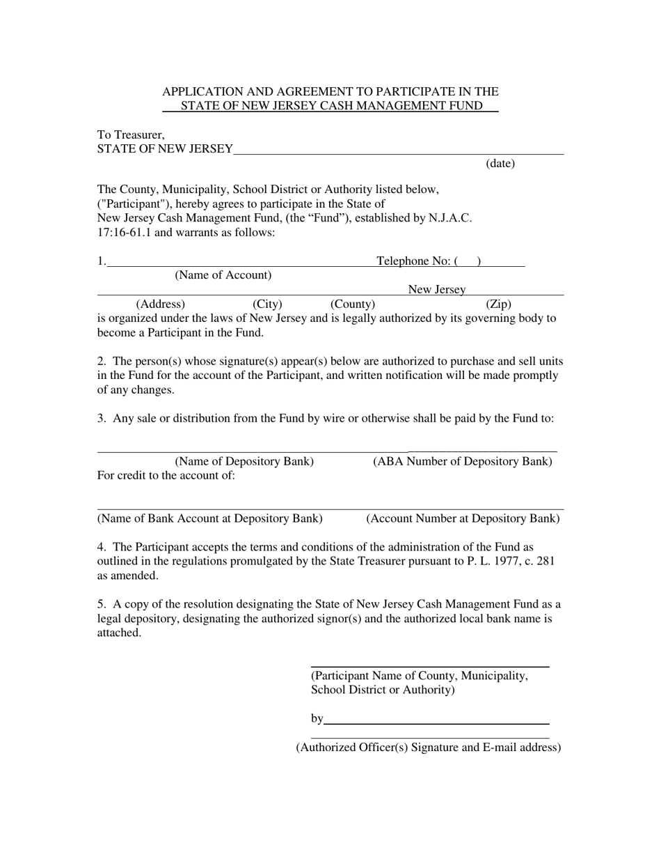 Application and Agreement to Participate in the State of New Jersey Cash Management Fund - New Jersey, Page 1