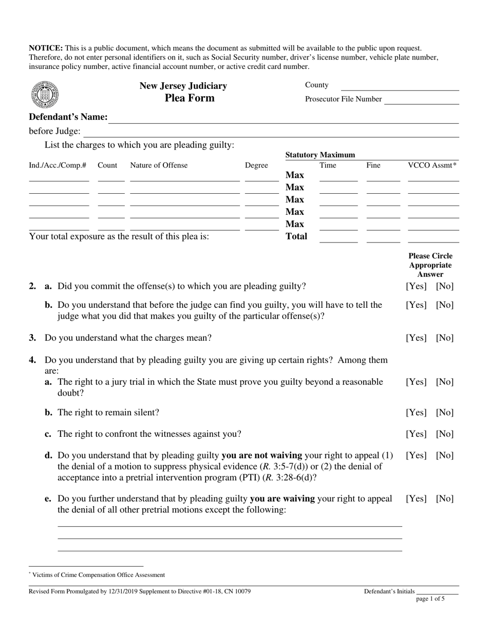 Form 10079 Plea Form - New Jersey, Page 1