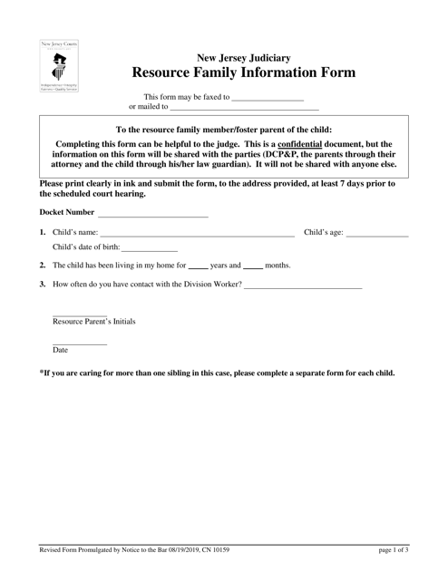 Form 10159 Resource Family Information Form - New Jersey