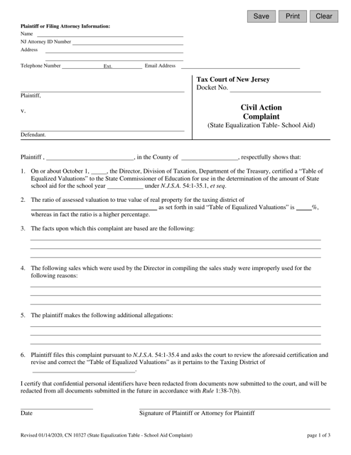 Form 10327 Civil Action Complaint (State Equalization Table - School Aid) - New Jersey