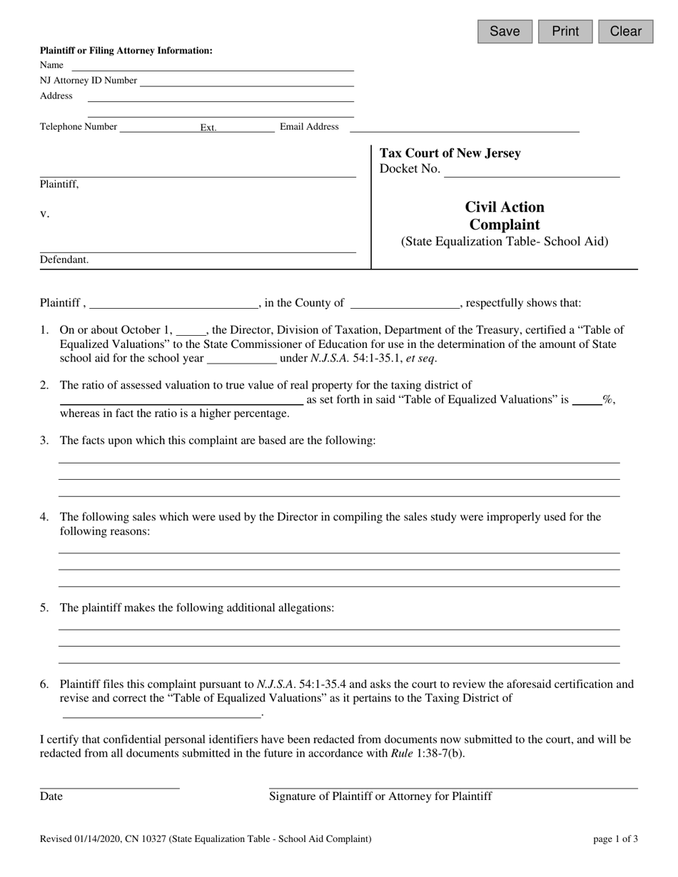 Form 10327 Civil Action Complaint (State Equalization Table - School Aid) - New Jersey, Page 1