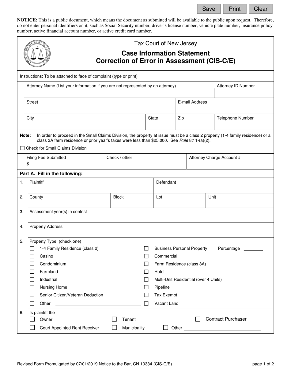 Form 10334 Correction of Error - Case Information Statement (Cis) - New Jersey, Page 1
