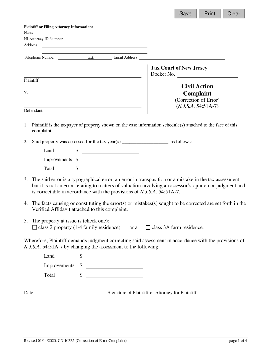 Form 10335 Civil Action Complaint (Correction of Error) - New Jersey, Page 1