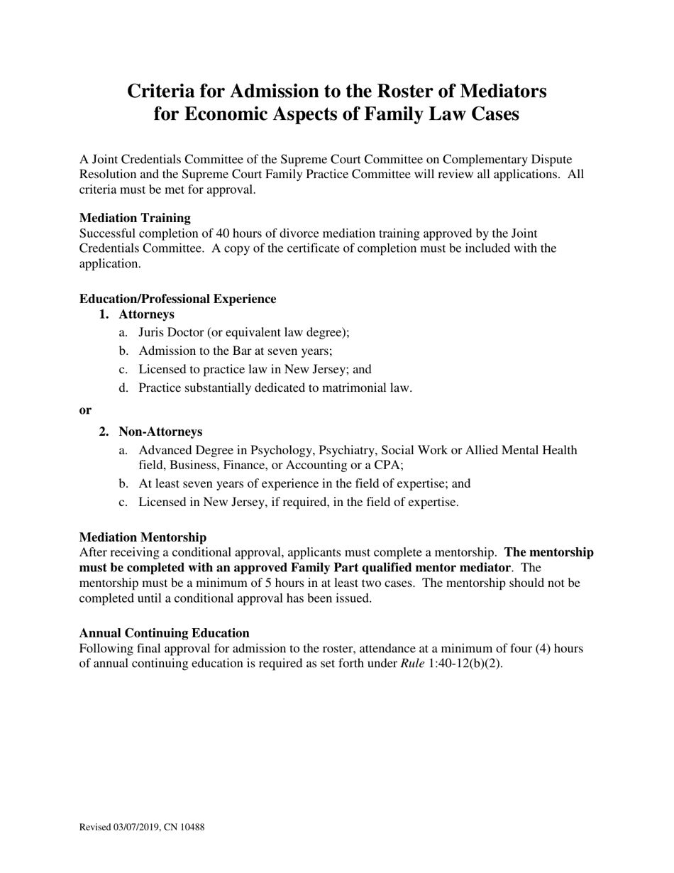 Form 10488 Application for Admission to Roster of Mediators for Economic Aspects of Family Law Cases - New Jersey, Page 1