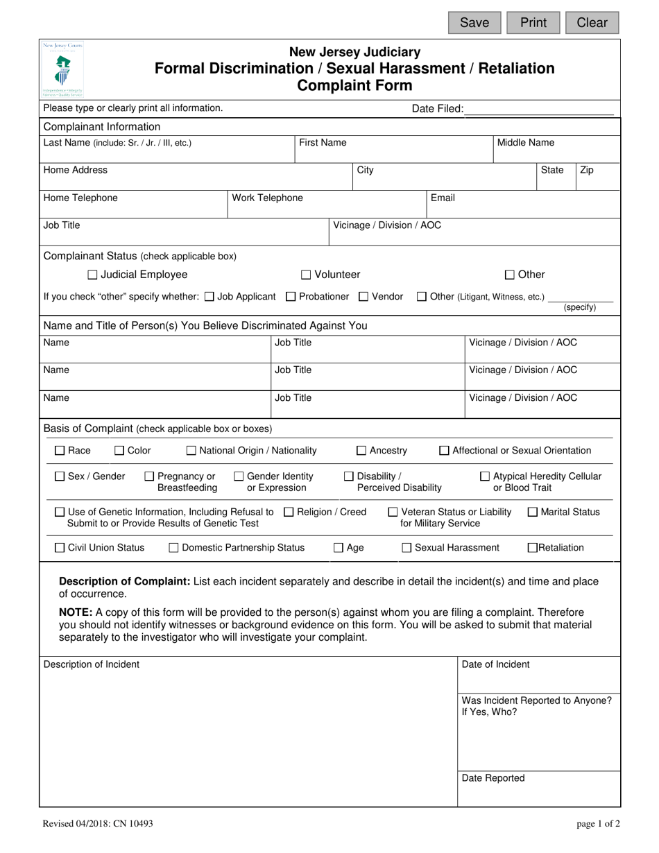 Form 10493 Formal Discrimination / Sexual Harassment / Retaliation Complaint Form - New Jersey, Page 1
