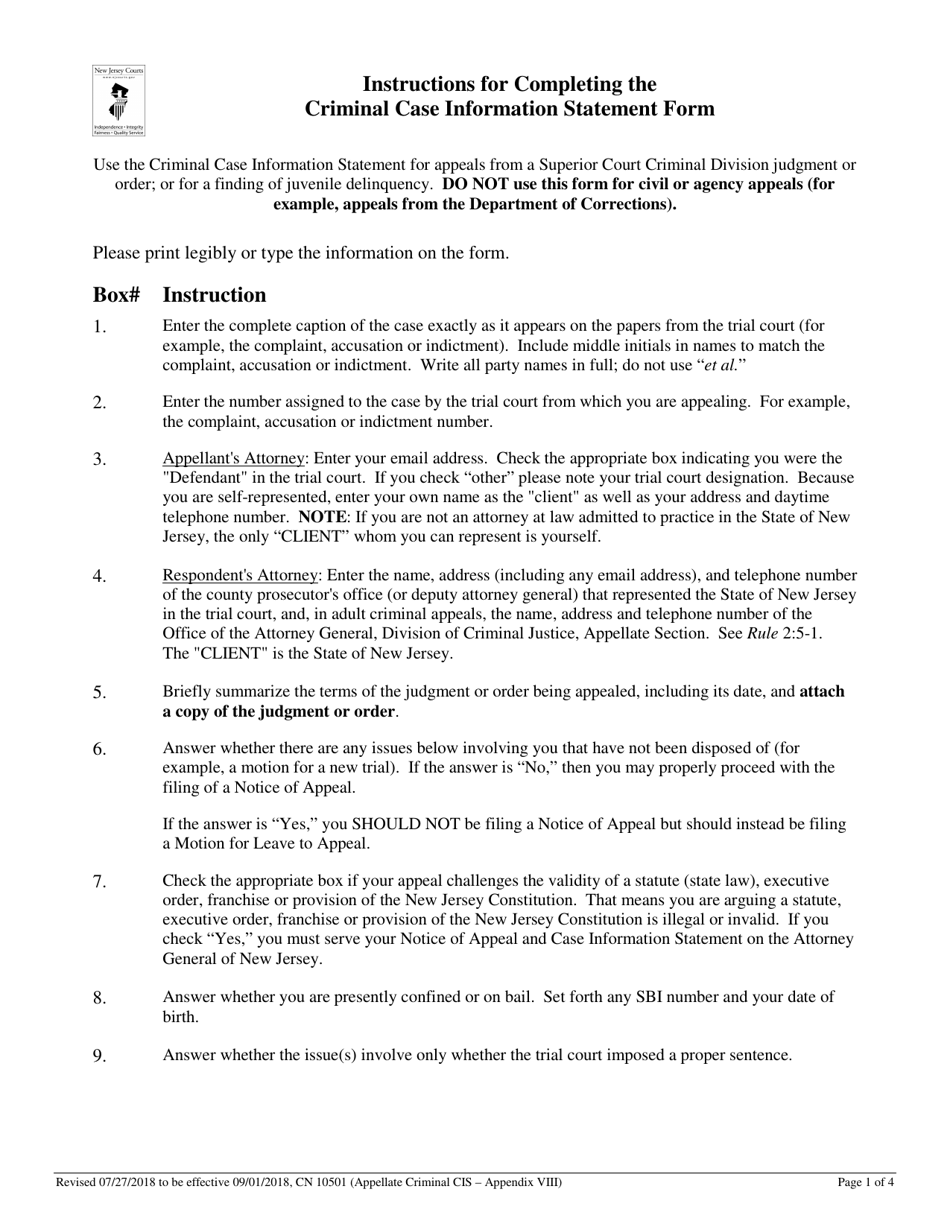 Form 10501 Appendix VIII Criminal Case Information Statement - New Jersey (English / Spanish), Page 1
