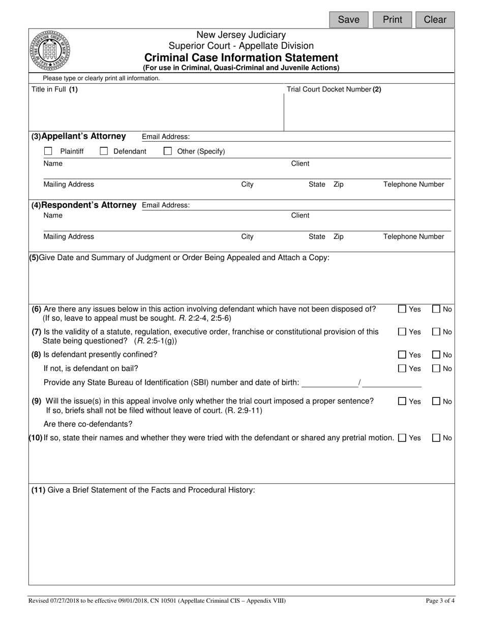 Form 10501 Appendix VIII Criminal Case Information Statement - New Jersey (English / Spanish), Page 3