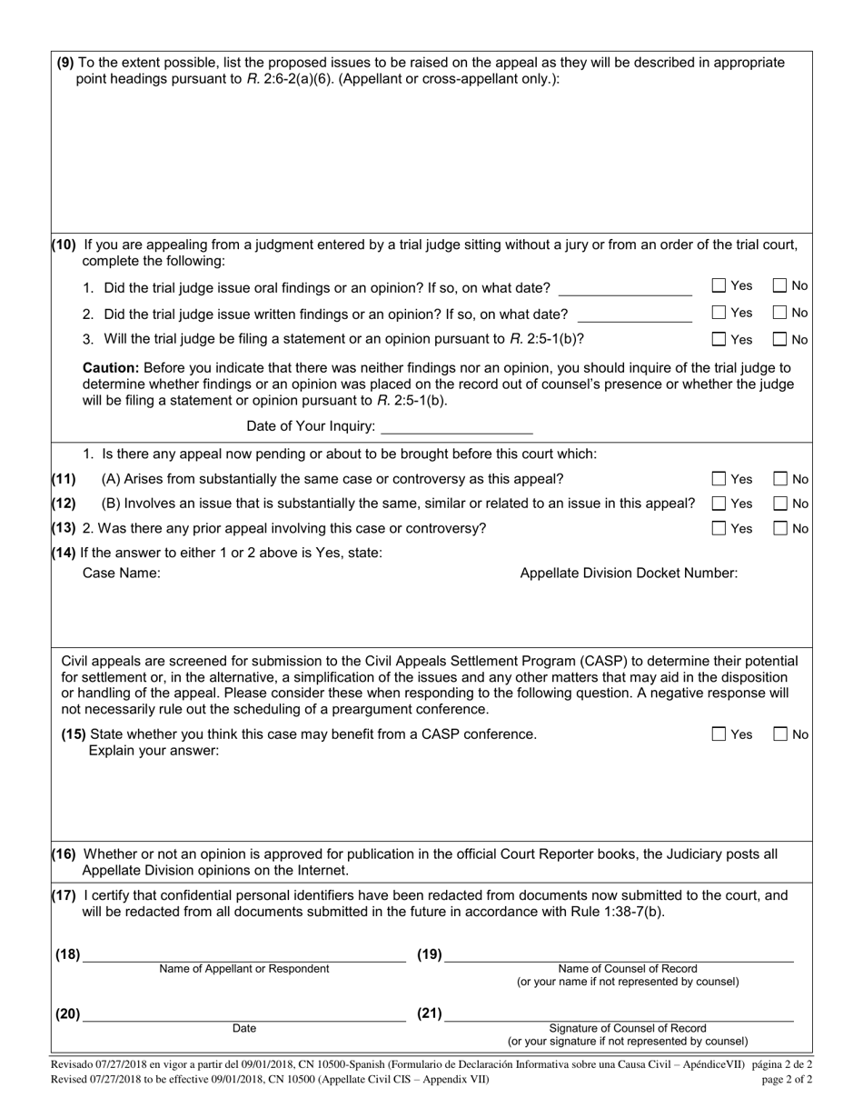 Form 10500 Civil Case Information Statement - New Jersey (English / Spanish), Page 4