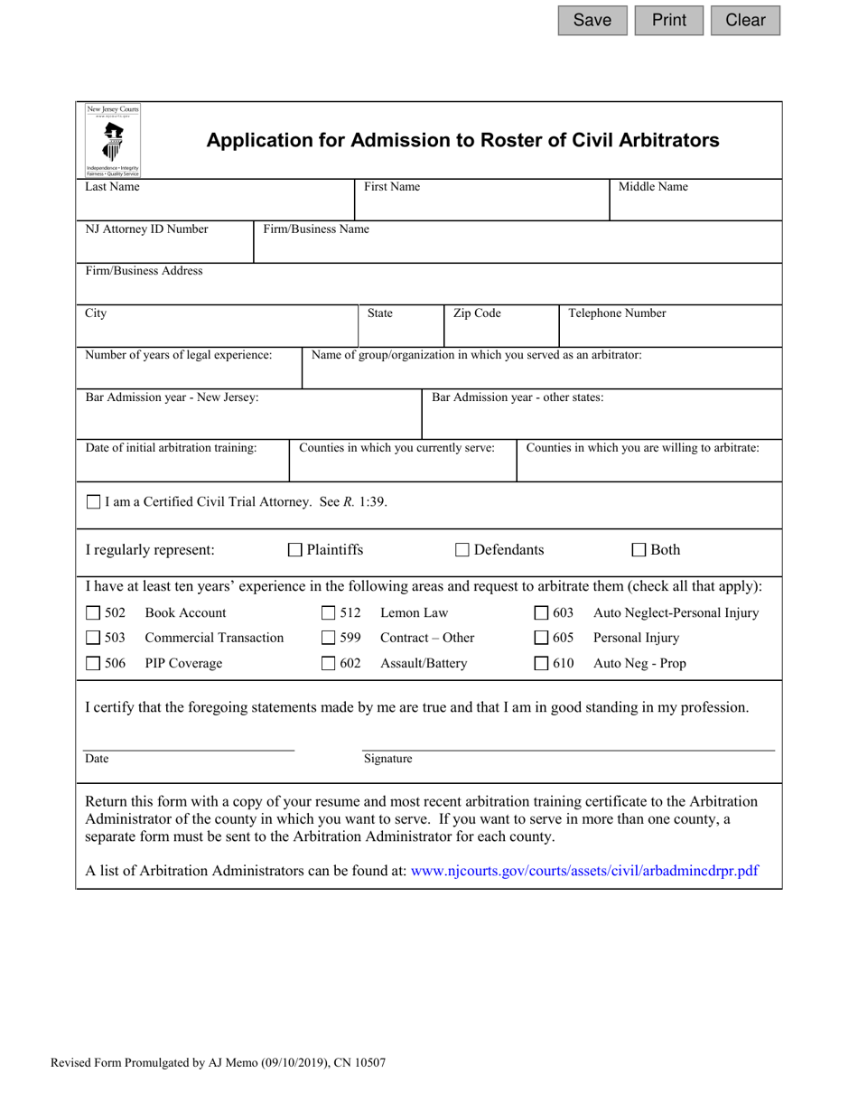 Form 10507 Download Fillable PDF or Fill Online Application for Admission  to Roster of Civil Arbitrators New Jersey | Templateroller