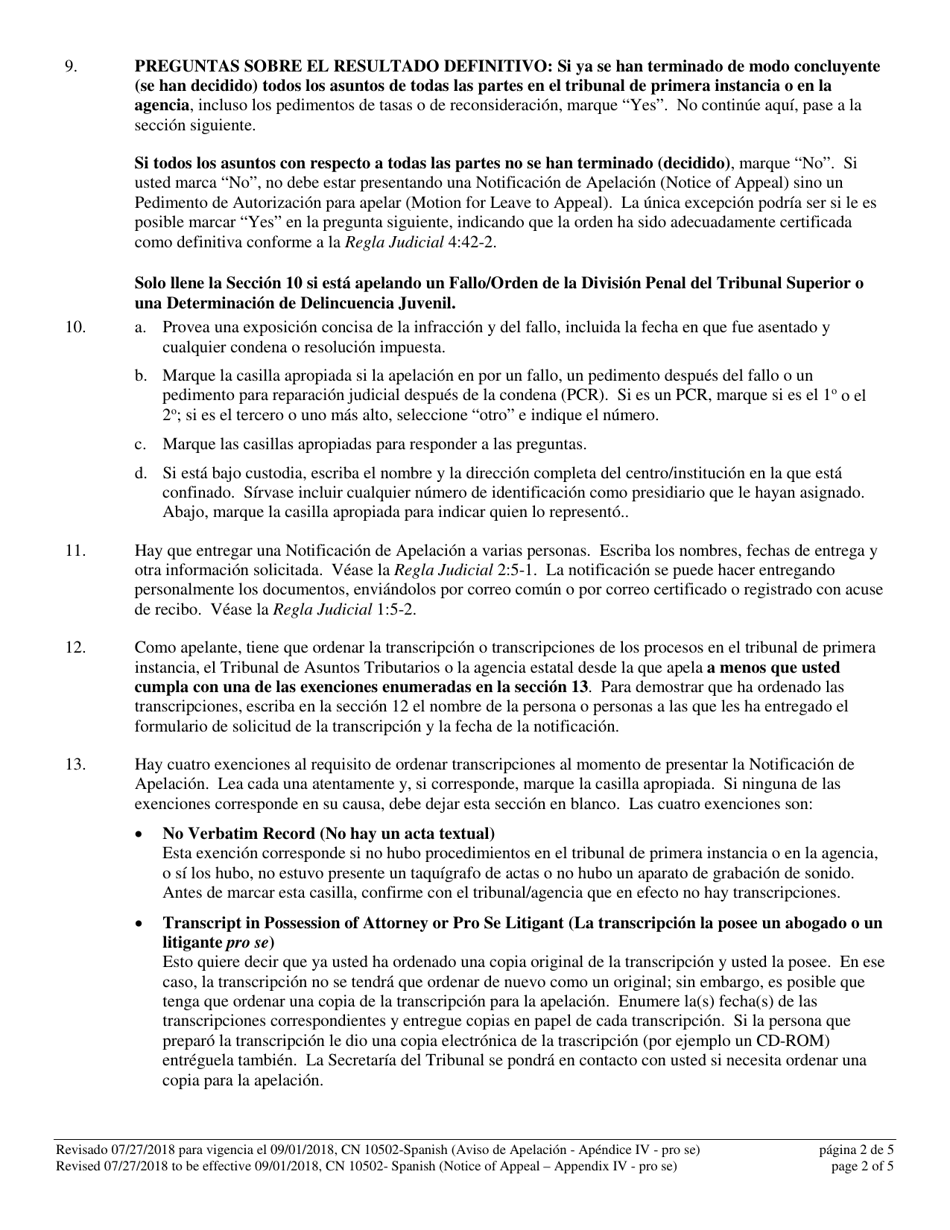 Form 10502 Appendix IV Notice of Appeal - New Jersey (English / Spanish), Page 2