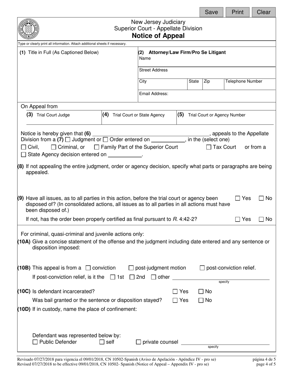 Form 10502 Appendix IV Notice of Appeal - New Jersey (English / Spanish), Page 4